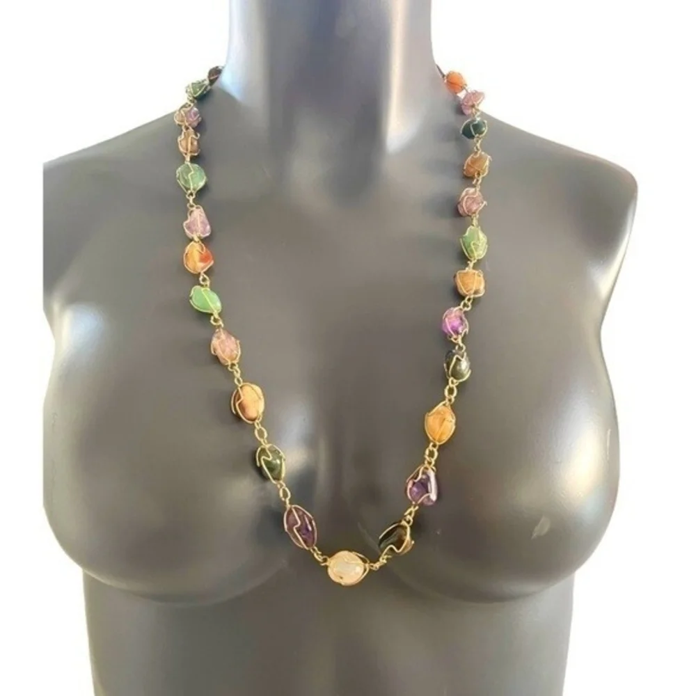 Vintage Gold Tone Wire Caged Multi Gemstone Statement Necklace 30.5
